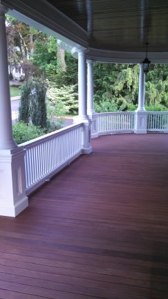 Freshly stained mahogany deck in Newton, Massachusetts