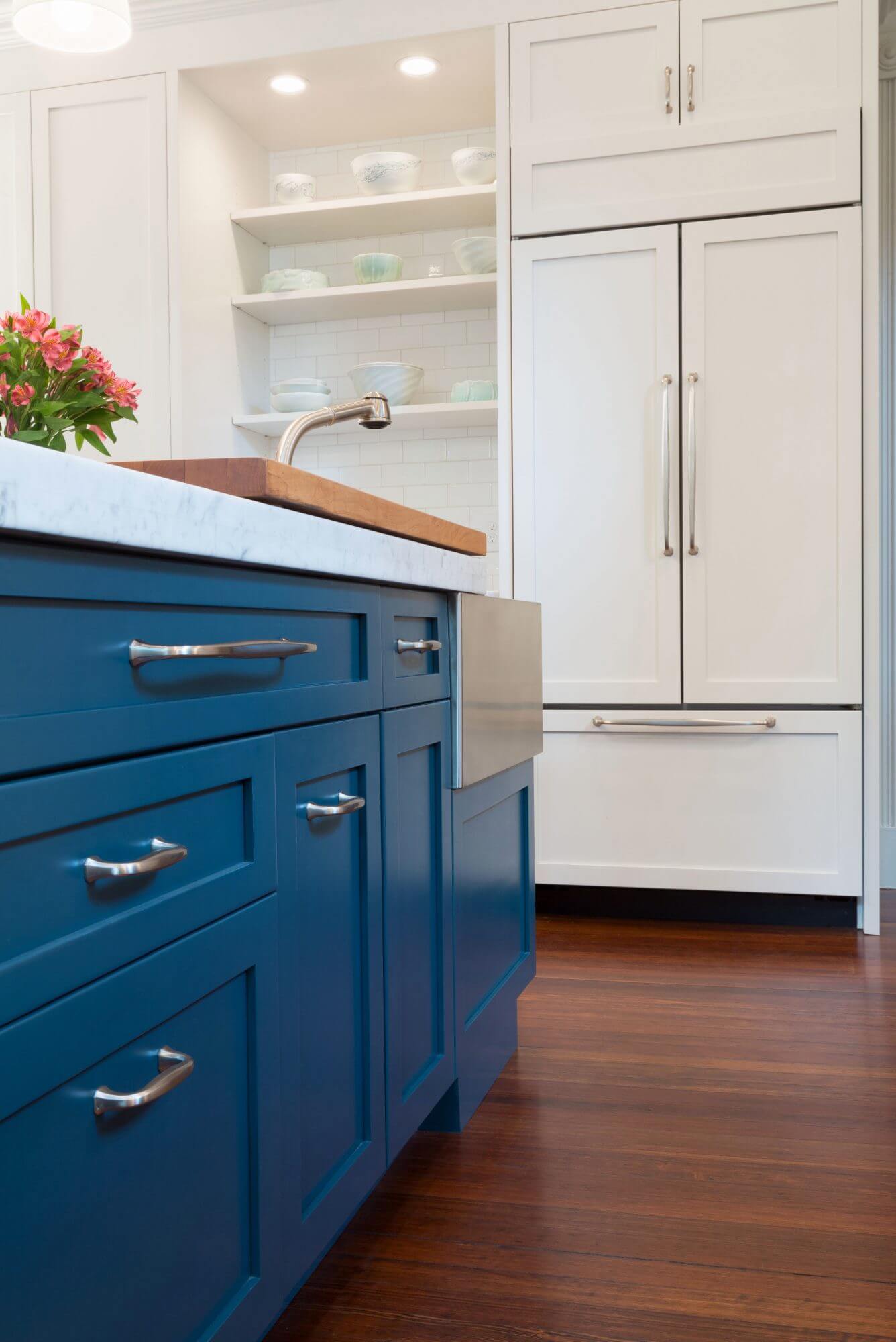 Hague blue kitchen cabinets.