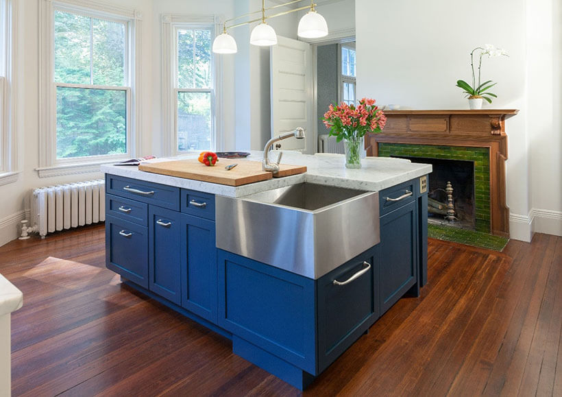 blue kitchen in newton, MA that was painted with farrow and ball hague blue paint